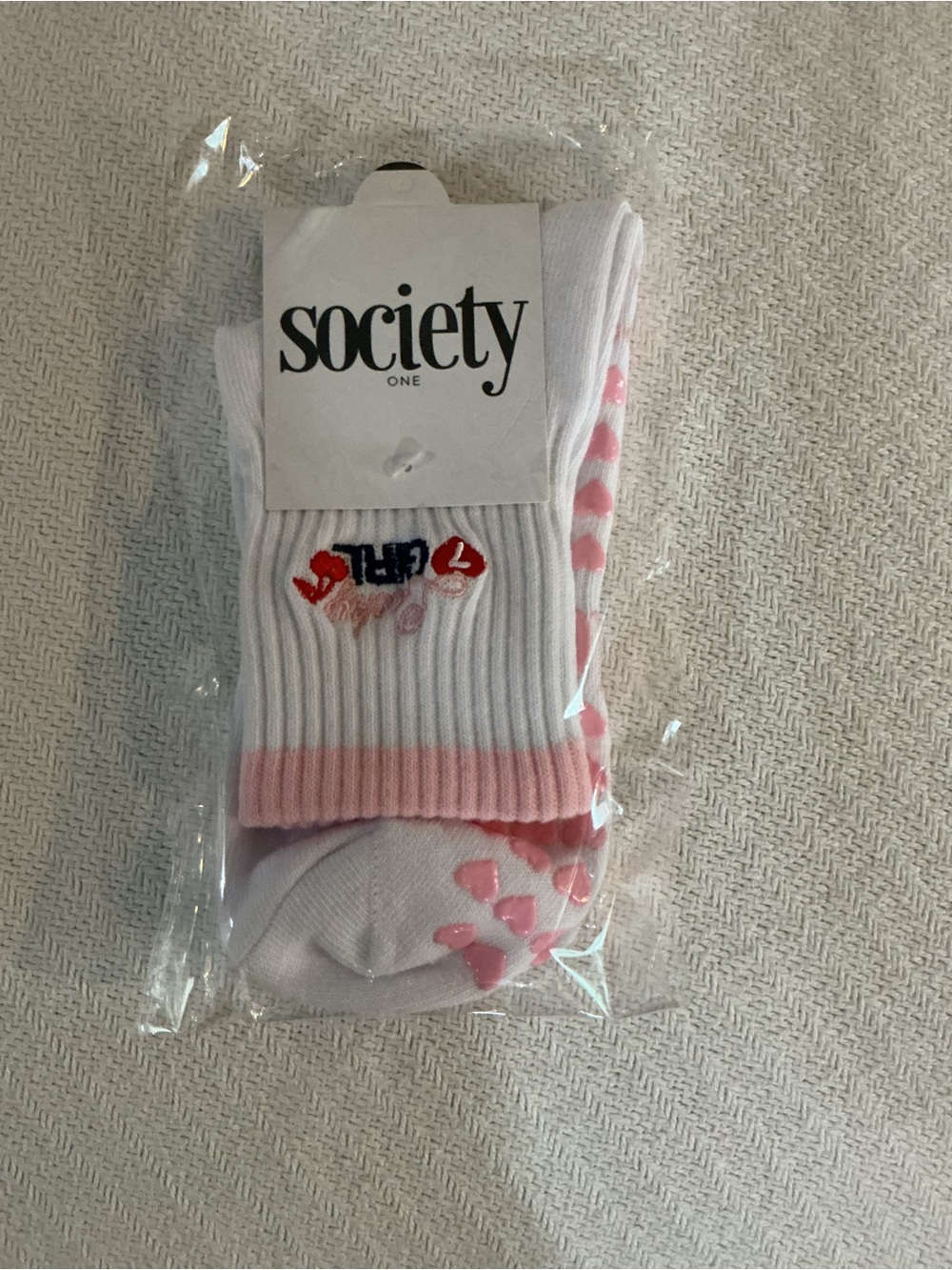 Society White & Pink Heart Accent Ribbed Crew Socks